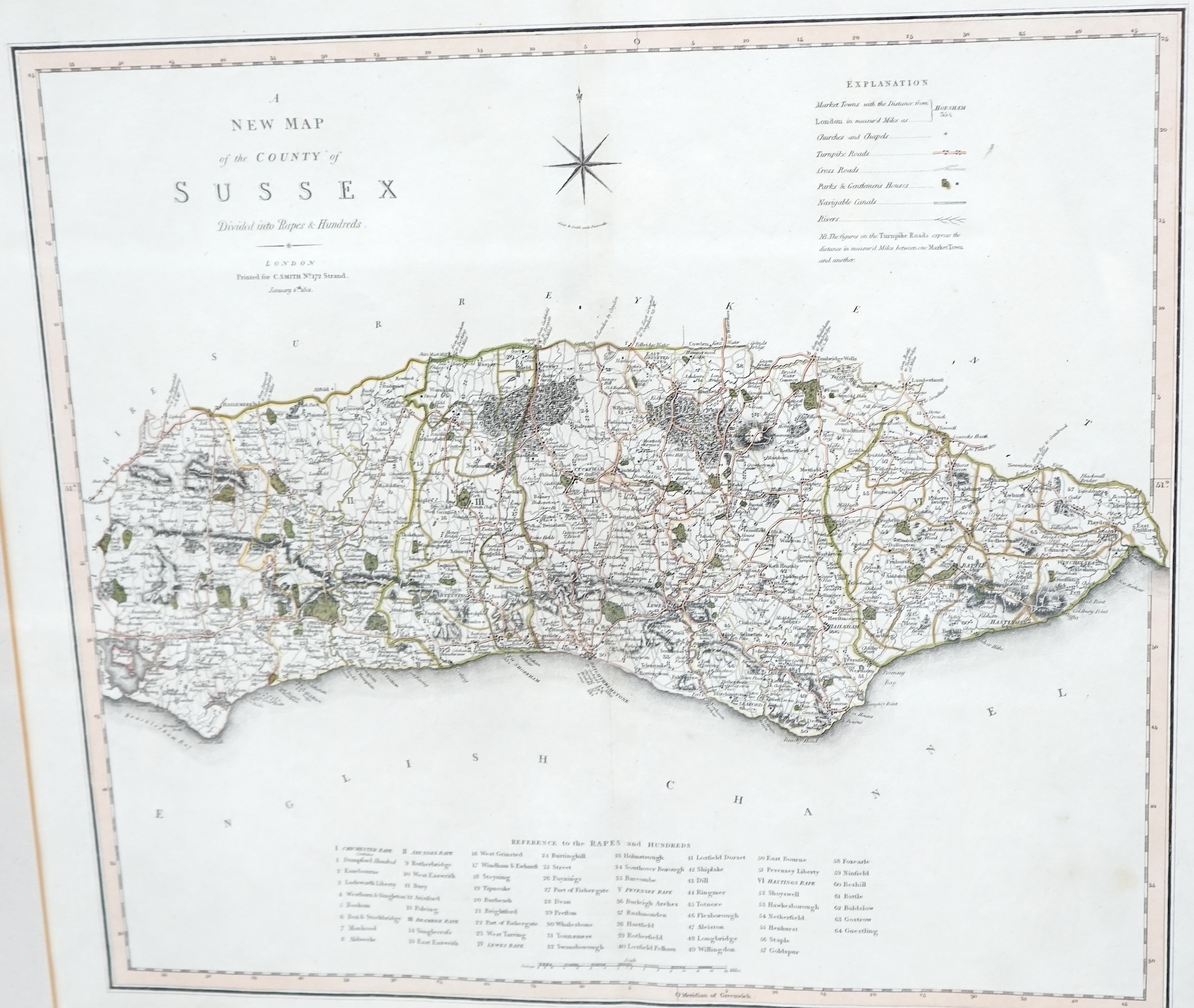 Two 19th century maps, comprising: Scotland by J Arrowsmith, published London 15th February 1834 and a New Map of The County of Sussex printed for C Smith, 6th January 1801, largest 63 x 51cm. Condition - poor to fair, s